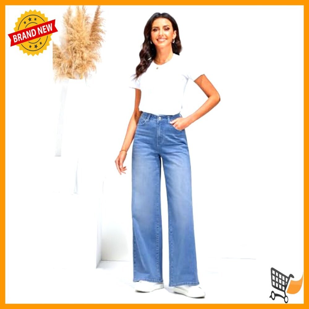 High Waisted Wide Leg Jeans Stretchy Denim Pockets Fashion - Picture 5 of 7